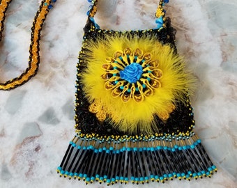 Prom, Birthday Gift for Her | Yellow Black Teal Medicine Bag Pouch Necklace | Beaded Fringe Granny Square | Fun Unique Festival Fashion