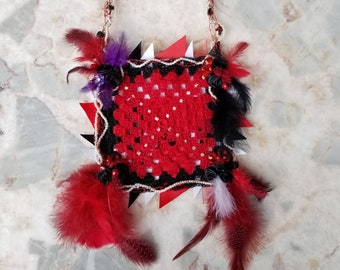 Prayer Catcher Bag | Black Red White textile art | Beaded Crochet Granny Square pouch | Feather's  woven ribbon art | Heirloom Keepsake gift