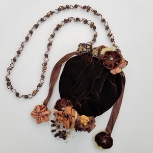 Festival Bag, Vintage Brown Velvet Potli : Beaded Embroidered Crossbody Evening Pouch