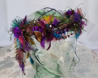 Flower Crown/Headdress Fairy Forest Theme Wedding | Butterfly’s Feathers Crystals and Purple Roses | Fantastic Festival Fashion accessories