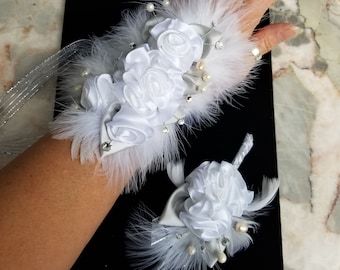 White Rose Corsage Boutonniere Set: Crystal Pearl Feather Wedding Accessories