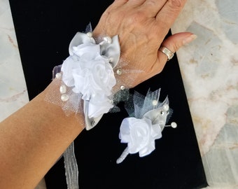 Classic White Silver Wristlet Corsage and Boutonniere set | Pearls Crystals Bling and Glam | Prom Hoco Wedding Quince Formal Fashionista
