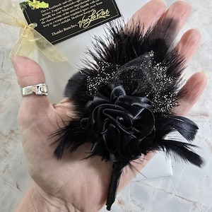 Black Satin Rose Feather Lapel Pin: Tuxedo Boutonniere