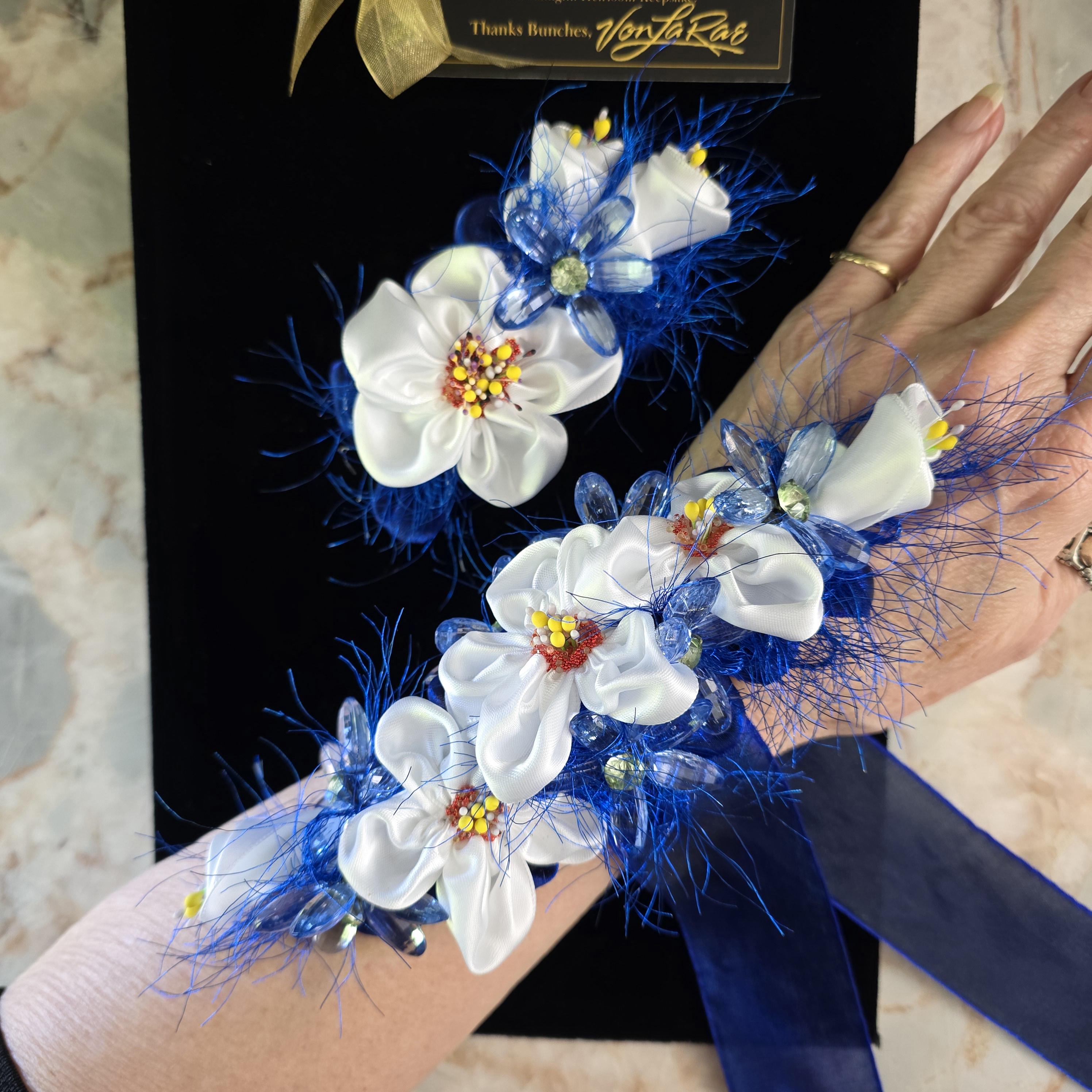 White & Royal Blue Ribbon Flowers, Rhinestones Wristlet Corsage and Lapel  Flower Pin/brooch Set - Etsy