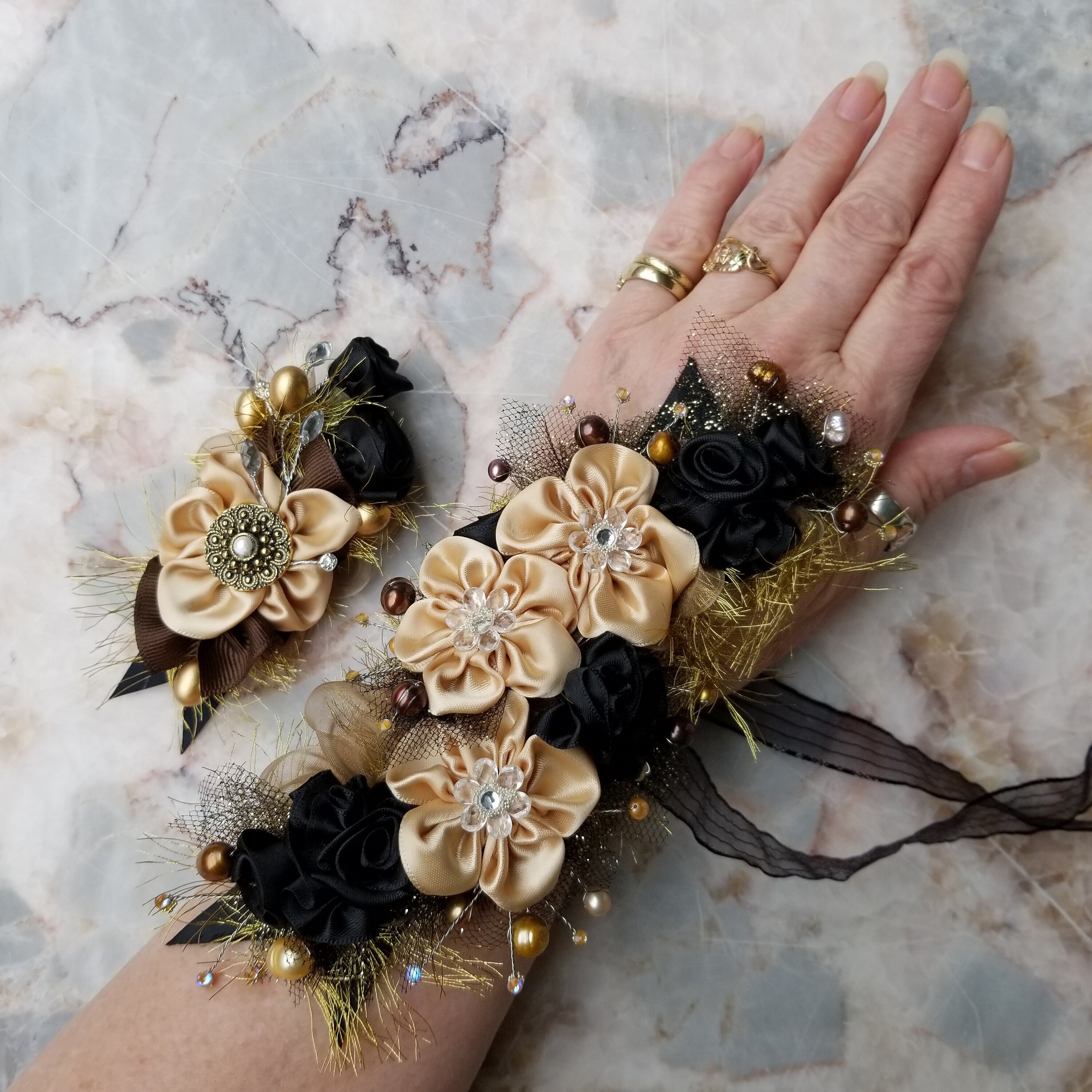 Custom Black & Gold Corsage Boutonniere: Silk Ribbon Flower Set - Etsy