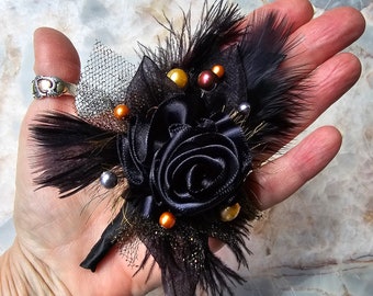 Posh Sophisticated Lapel Pin/Boutonniere | Black Ribbon Rose, Pearls, Fine Feathers fashion accs. | Formal Event Ceremony Prom Jewelry Gift