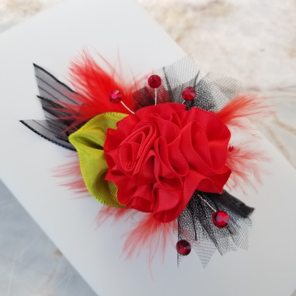 Red, Black Unique Boutonniere Lapel pin Brooch | Preciosa Ruby Crystals & Feathers | HOCO Prom Wedding party favors | Fashion Accessories