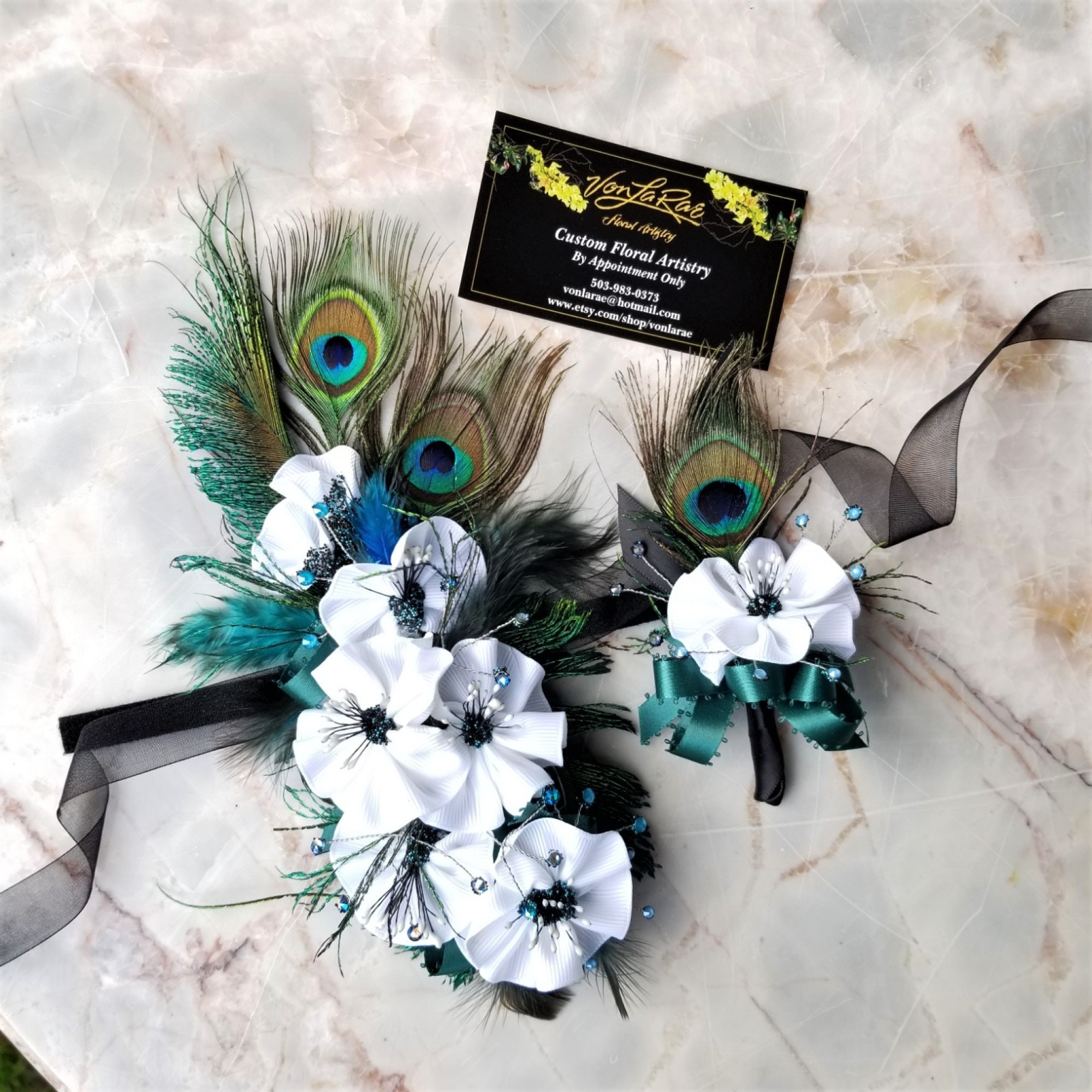 Custom Peacock Feathers Long Dramatic Wrist Corsage and Boutonniere Prom  Quinceanera Wedding Event Flowers Glam Bling Swarovski 