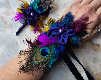 Purple Peacock Wristlet Corsage and Lapel Pin/Boutonniere | Prom Hoco Wedding Quince Formal Fun Fashion Accessories | Unique Jewelry Gifts