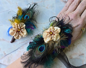 Glamorous Peacock, Champagne Raw Silk Satin, Fine feathers Wristlet Corsage & Lapel Pin/Boutonniere set | Swarovski | Fun Prom Fashion accs.