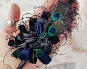 Prom, hoco, 2k24 | Velvet, Peacock, Black Roses Lapel Pin, Boutonniere | Exquisite Black Tie Event |  Gift, Him or Her | Heirloom Tradition