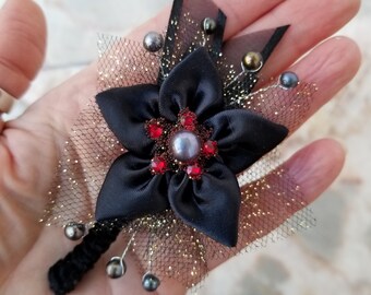 Black, Red Lapel Pin, Boutonniere | Satin, Velvet, Swarovski, Pearls. Bling and Glam | 2024 Prom, Wedding, Black Tie Event | Flowers to wear