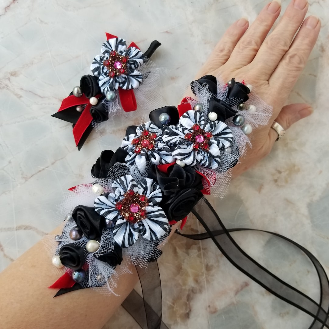 Zebra B/W and Red Long Wildly Exquisite Wrist Corsage and