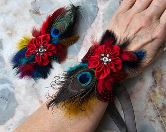 Scarlet Red and Peacock Feathers with Swarovski Crystals, small Wristlet Corsage and Boutonniere | Fun Fierce Fashion | Prom, Hoco, Wedding