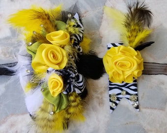 Lemon Yellow, Zebra print Wrist Corsage Boutonniere Set | Duchesse Satin, Crystal Swarovski, Feathers | Unique Prom, Wedding, Fashion | Gift