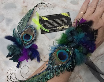 Beaded Peacock Feather Corsage & Boutonniere Set: Prom Wedding Jewelry