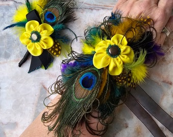 Peacock and Yellow Prom, Hoco, Quince, Wedding, Fun Fashion Accessories | Wrist Corsage, Lapel Pin/Boutonniere set | Prom Jewelry Gift Pearl