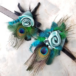 Peacock Aqua/Black no bling Wristlet & Boutonniere set | Turquoise Green Peacock fine feathers | Prom Hoco Wedding Fun Fabulous acsFashion
