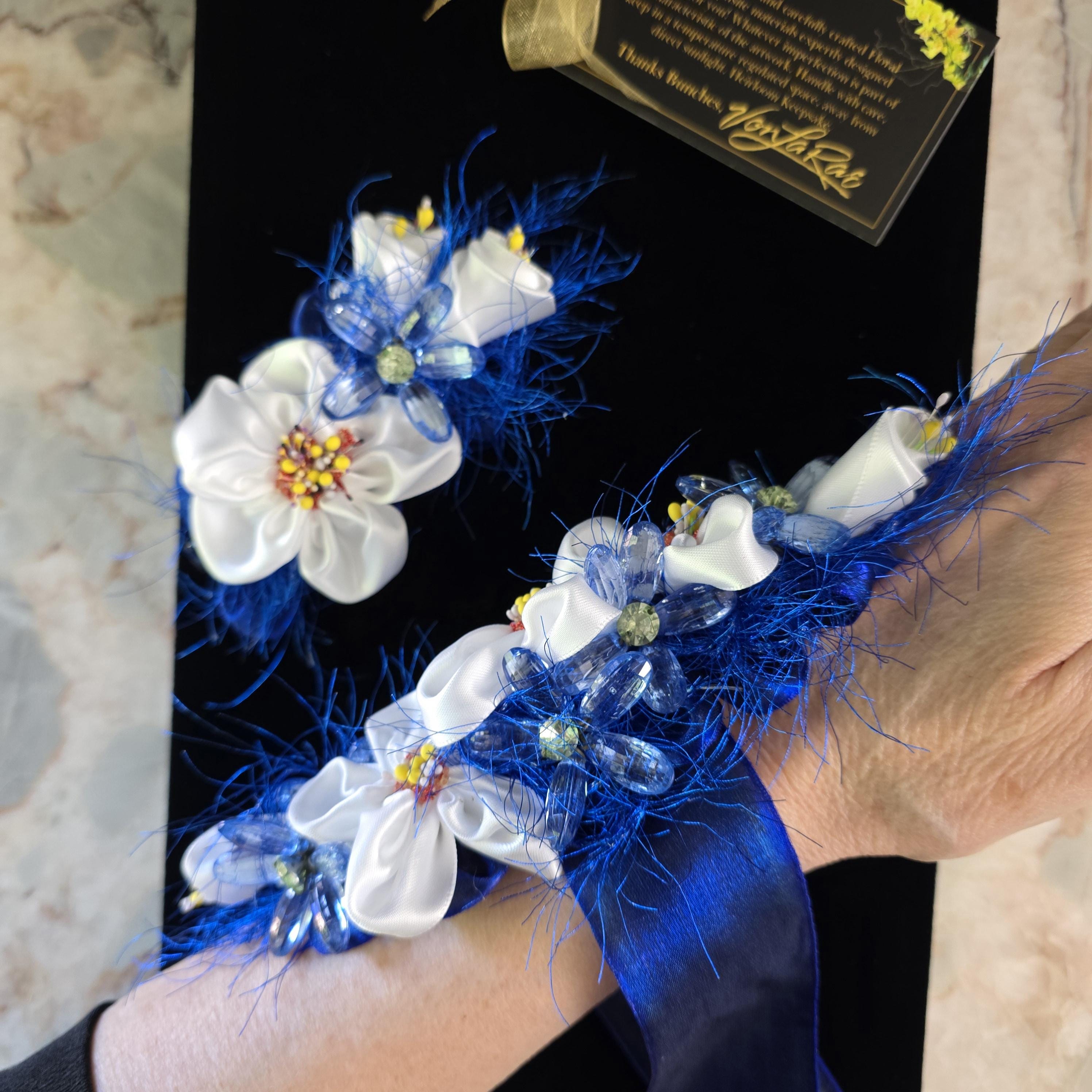 White & Royal Blue Ribbon Flowers, Rhinestones Wristlet Corsage