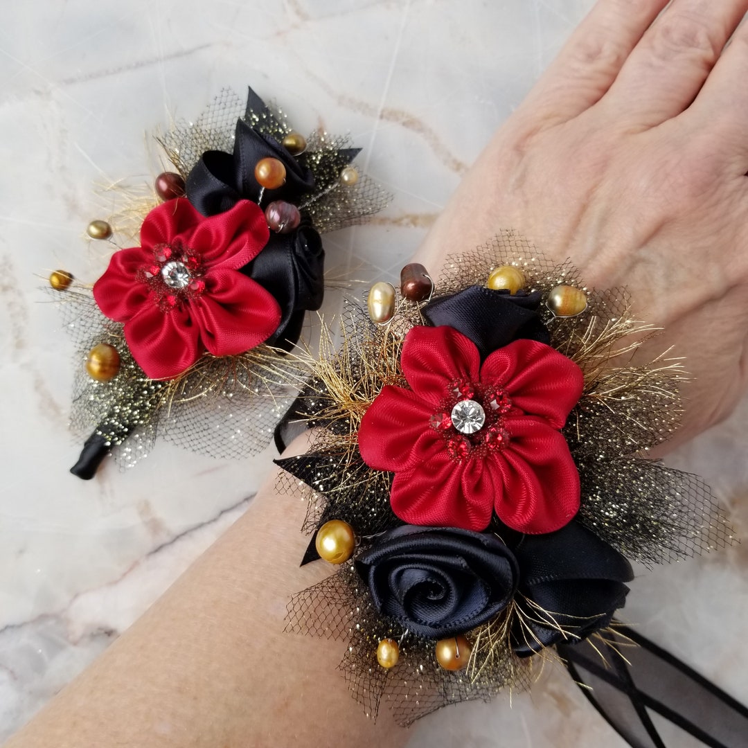 Prom, Hoco, Wedding Flowers to Wear 2024 Scarlet, Black, Gold. Wristlet