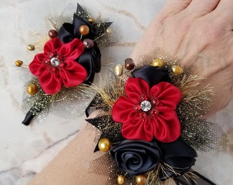 Prom, Hoco, Wedding flowers to wear 2024 | Scarlet, Black, Gold. Wristlet Corsage & Boutonniere, Lapel Pin | Formal Tradition Keepsake gift