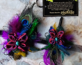 Prom Wedding Event Fun Formal Fashion Accessories | Purple Peacock Wristlet and Lapel Pin/Boutonniere | Fantastic Floral Artistry Keepsakes