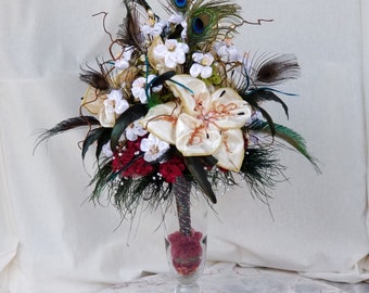 Bold Dramatic Bridal Bouquet Peacock | Unique Decor, Memorial Vase Arrangement Centerpiece | Glamorous Wedding Anniversary Flowers Gift