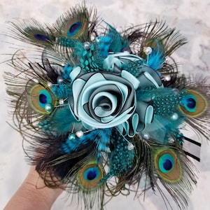 Custom made to order Peacock Clutch Bouquet Bling and Glam | Wedding Event Flowers Keepsake Gift | Vase Arrangement | Black Aqua Turquoise
