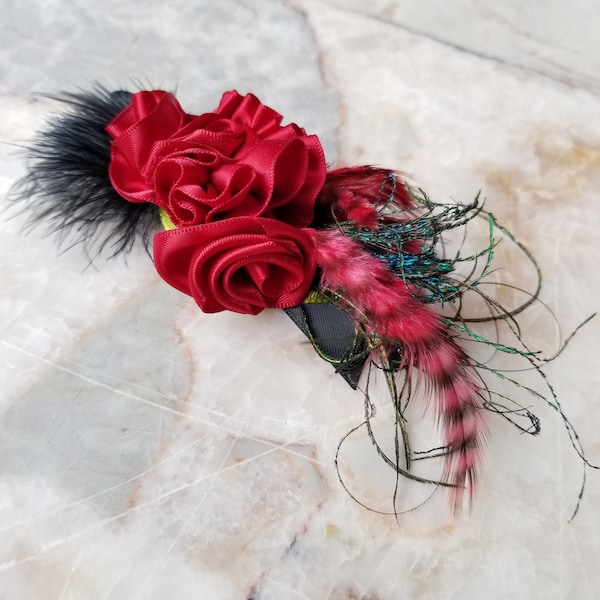 Scarlet Rose Boutonniere, feathers | Lapel Pin | Prom Homecoming Wedding Quinceanera fun fashion | Gift for him or her | Mother’s Day flower