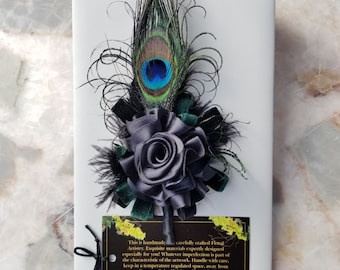 Luxurious Lapel Pin Boutonniere | Peacock, Black Satin Rose, Black & Green Velvet. Ostrich | Prom, Hoco, Wedding, Event 2024 | Gift Flowers