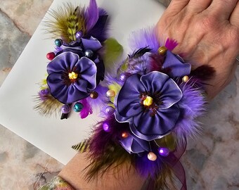 Purple Pansy, Pearls and Plumage Wristlet Corsage, Lapel Pin/Boutonniere set | Fun Fashion accs Prom, Wedding, Formal Event | Keepsake Gifts