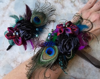 Peacock Prom Flowers | Wrist Corsage Boutonniere set | Fun Fashion for Prom Hoco Wedding Quince 2024 Event | Unique, Exquisite accessories