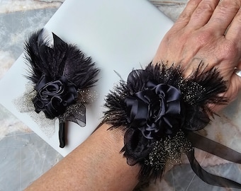 all black sophisticated Ribbon Rose and Ostrich Feathers, gold glitter tulle | Wristlet Corsage, Lapel Pin/Boutonniere set | Prom, Formal