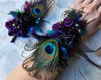 Peacock Wristlet Corsage and Boutonniere Lapel Pin set | Purple Black Peacock Green Prom, Wedding Fun Fashion | Prom Hoco Quince 2024 Event