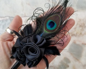 Peacock, Black Ribbon Rose Lapel Pin | Prom, Hoco, Quince, Wedding 2024 | Fun Formal Event Fashion Accessories | Black Tie | Gift Him, Her