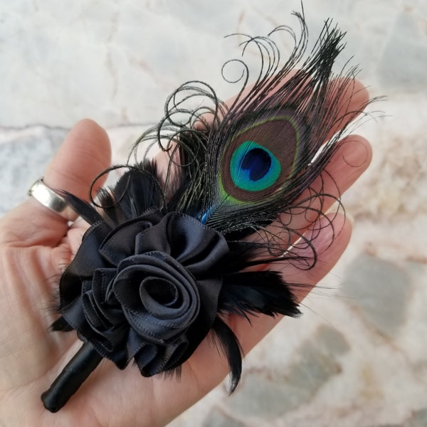 Peacock, Black Ribbon Rose Lapel Pin | Prom, Hoco, Quince, Wedding 2024 | Fun Formal Event Fashion Accessories | Black Tie | Gift Him, Her