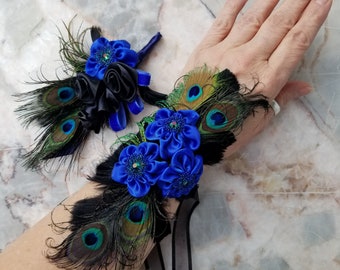 Prom, Hoco, Quince, Wedding Formal Fashion Event 2024 | Wrist Corsage Lapel Pin Set | Peacock, Royal Blue, Green/Black colors and Crystals