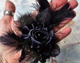 All Black Sophisticated Rose and Feathers Lapel Pin, Boutonniere | Prom, Hoco, Wedding, Formal Event Fashion accs | Tuxedo Lapelpin Gift