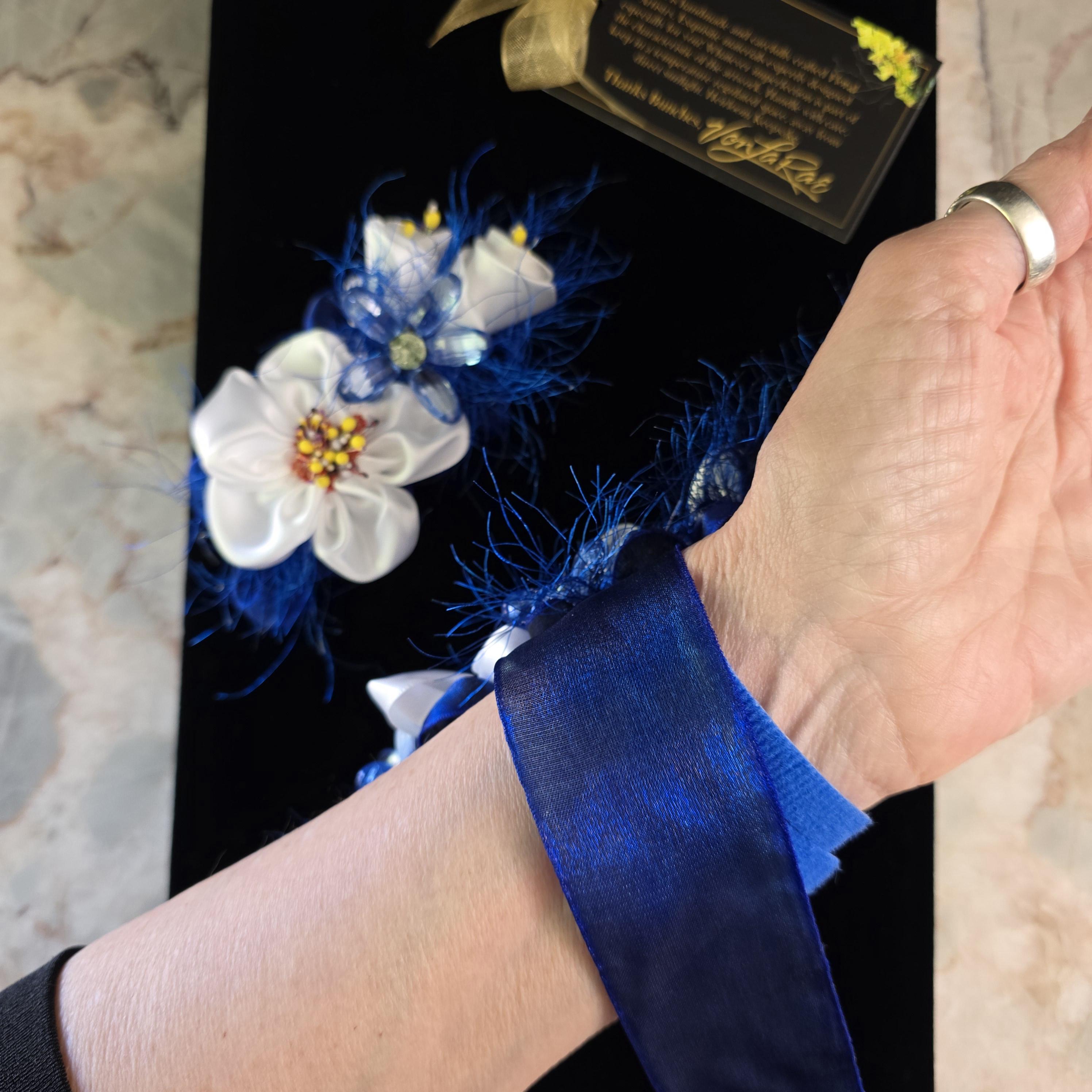 White & Royal Blue Ribbon Flowers, Rhinestones Wristlet Corsage and Lapel  Flower Pin/brooch Set - Etsy