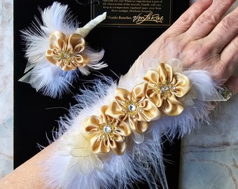 Long Lux Wrist Corsage, Lapel Pin, Boutonniere set | Champagne Raw Silk Satin, Swarovski Crystals and Feathers fun fashion | Prom Wedding