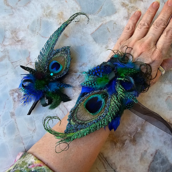 Unique Beaded Peacock Wrist Corsage & Boutonniere set | Prom Hoco Wedding | Fun Fashion Accessories | Keepsake Gifts | Prom Event Jewelry