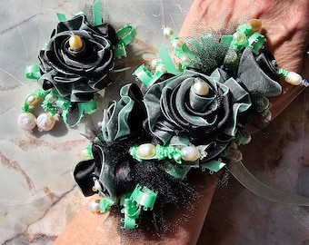 Mint Black and White Wrist Corsage, Lapel Pin/Boutonniere set | Prom Hoco Wedding Event flowers that last | Mint Dress, Suit. Formal Fashion