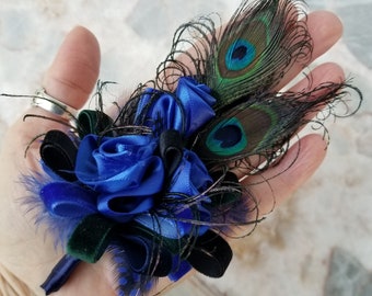 Prom 2024, Wedding, Hoco, Formal Event Fashion Accessories | Peacock, Velvet Ribbon, Royal Blue Satin Roses Lapel Pin, Boutonniere | Unisex