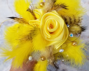 Yellow Wedding, Birthday, Anniversary, Event Bouquet | Keepsake Gift | Feathers Flowers Bling | Swarovski Pearls | Screaming Yellow Fashion