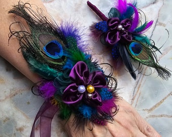 Wristlet Corsage Boutonniere set | Purple Peacock Fun Fashion Accessories | Prom Hoco Quince Wedding Event, Festival 2024 | Unique Jewelry