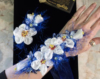 what color corsage for royal blue dress Corsage and Boutonniere Set Blue Hydrangea & Tulip