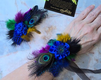 Small Peacock Wristlet Corsage, Boutonniere set | Prom Hoco Quince Wedding Event Formal FUN Fashion Accessories | Cheerleading, Pageant Gift