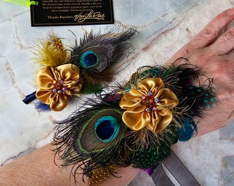 Glamorous Peacock, Old Gold Satin, mixed colors feathers Wristlet Corsage & Lapel Pin/Boutonniere set | Swarovski, Feathers Fun Prom Fashion