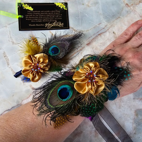 Glamorous Peacock, Old Gold Satin, mixed colors feathers Wristlet Corsage & Lapel Pin/Boutonniere set | Swarovski, Feathers Fun Prom Fashion