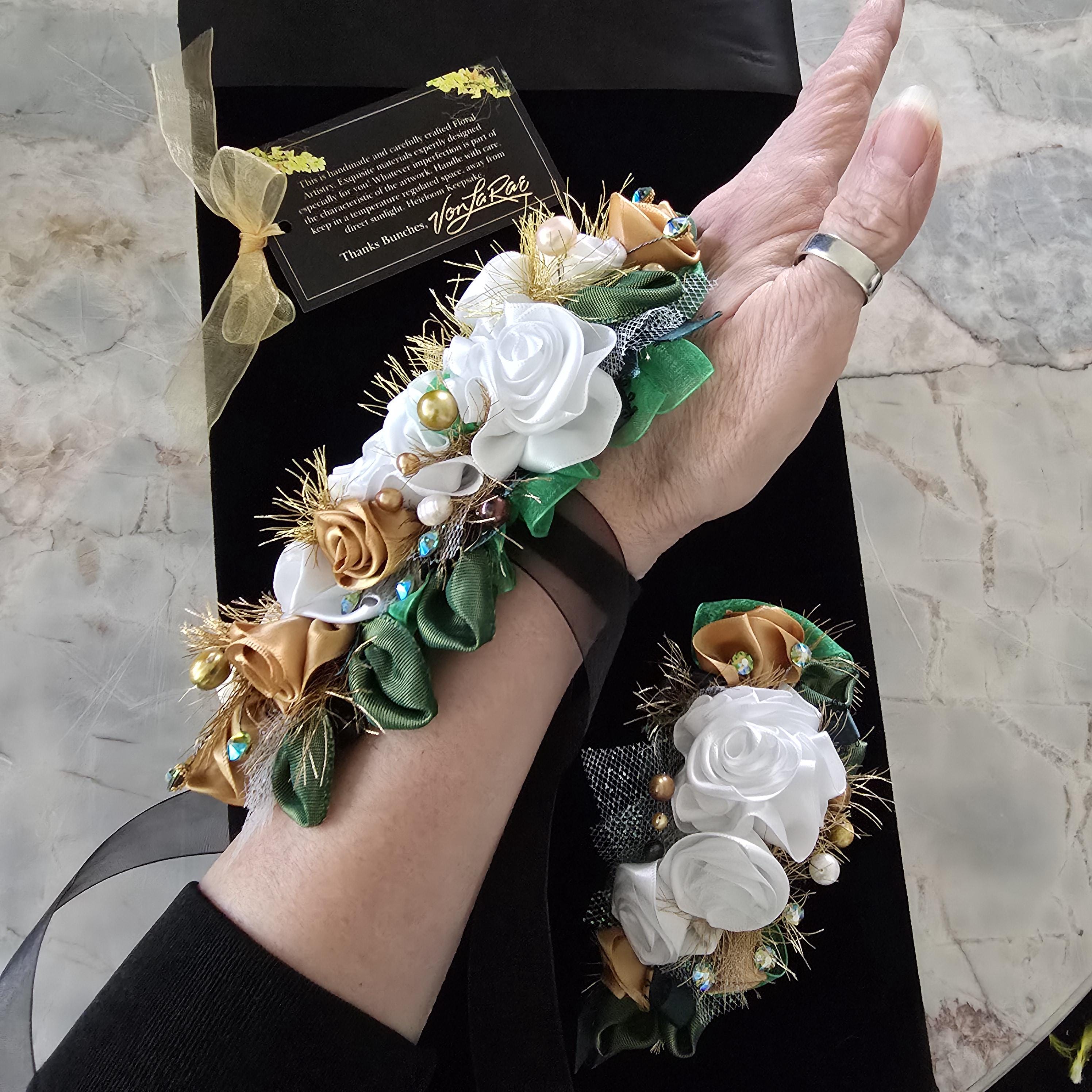 White & Gold Corsage Boutonniere Set: Emerald Green Prom Flowers